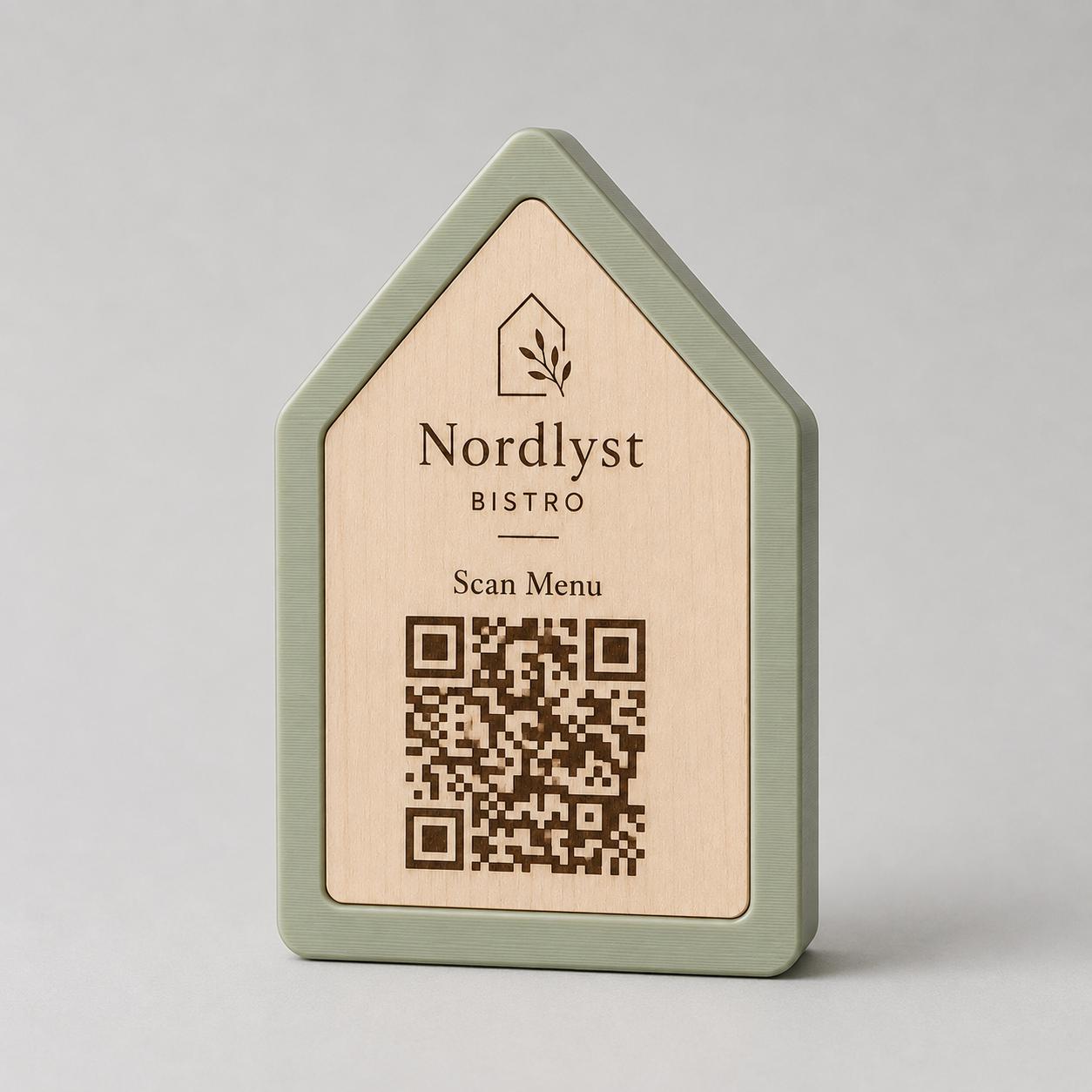 Qr code Linea stile NORDIC scandinavo minimal azzurro Espositore Menu QR Code in Stampa 3D e Lastra in legno di pioppo Incisa al Laser