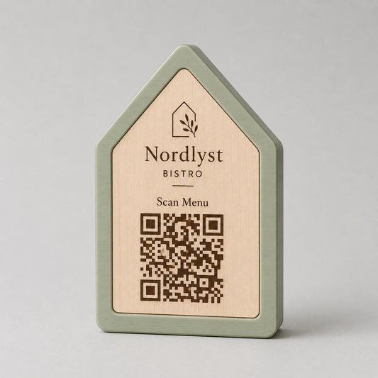 Qr code Linea stile NORDIC scandinavo minimal verde Espositore Menu QR Code in Stampa 3D e Lastra in legno di pioppo Incisa al Laser
