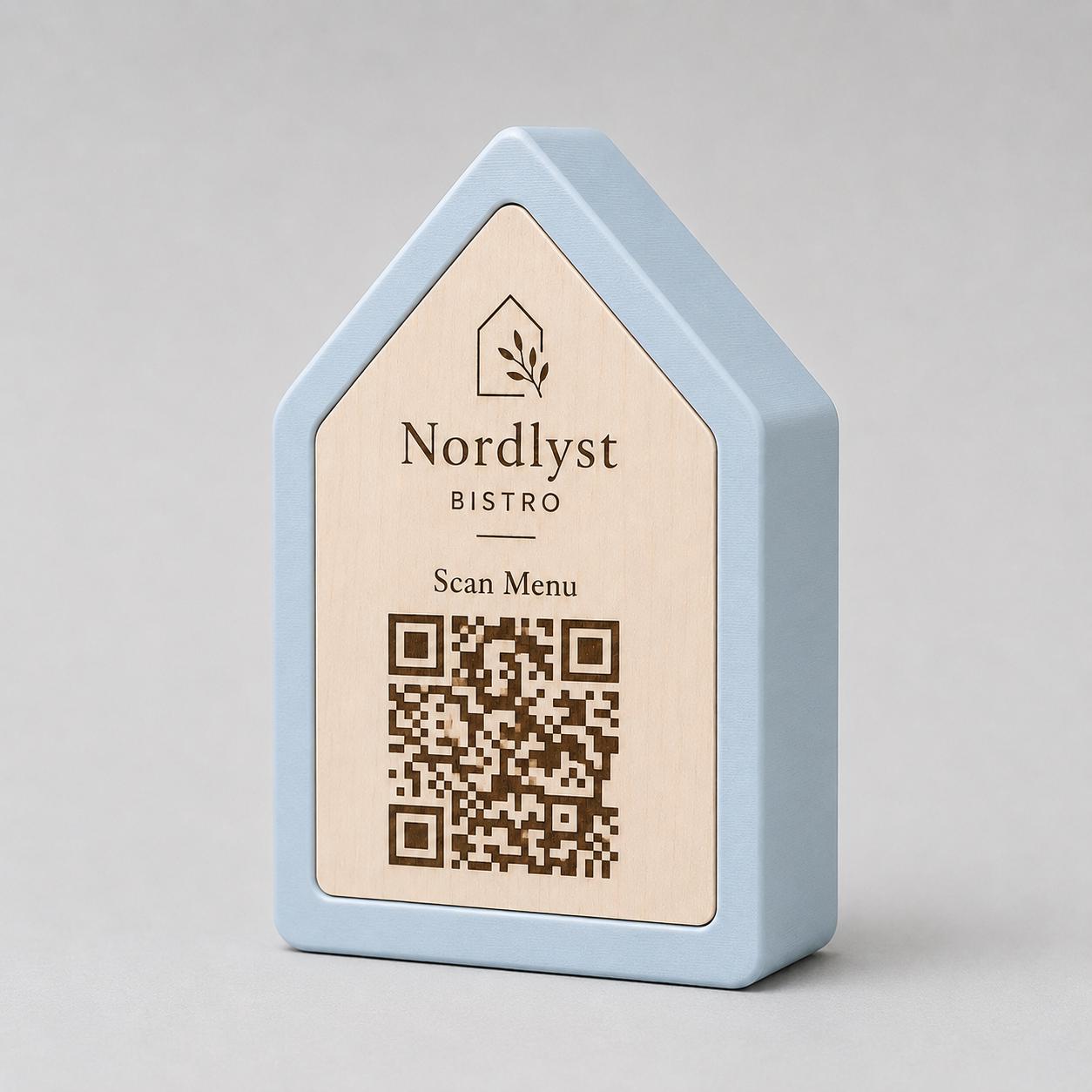 Qr code Linea stile NORDIC scandinavo minimal azzurro Espositore Menu QR Code in Stampa 3D e Lastra in legno di pioppo Incisa al Laser