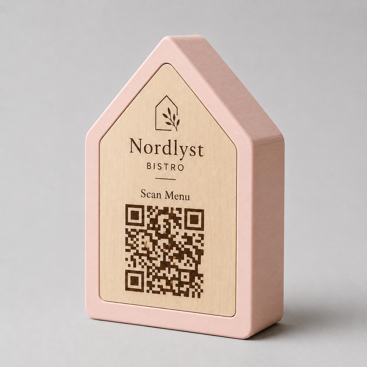 Qr code Linea stile NORDIC scandinavo minimal nero Espositore Menu QR Code in Stampa 3D e Lastra in legno di pioppo Incisa al Laser