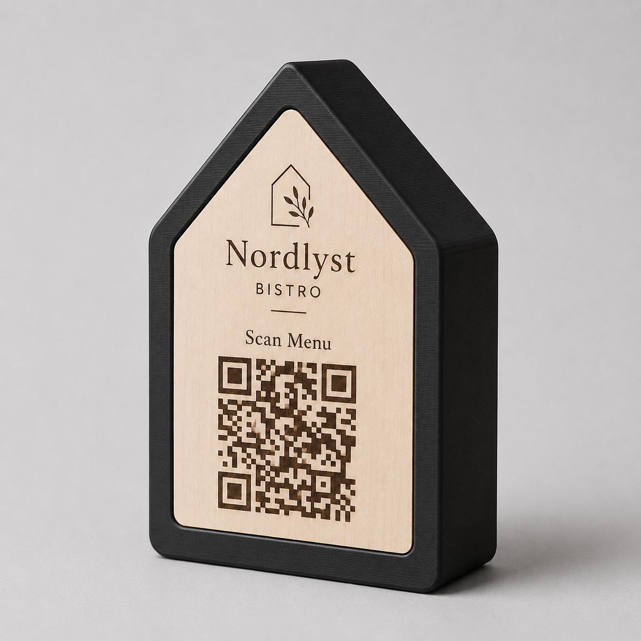 Qr code Linea stile NORDIC scandinavo minimal nero Espositore Menu QR Code in Stampa 3D e Lastra in legno di pioppo Incisa al Laser