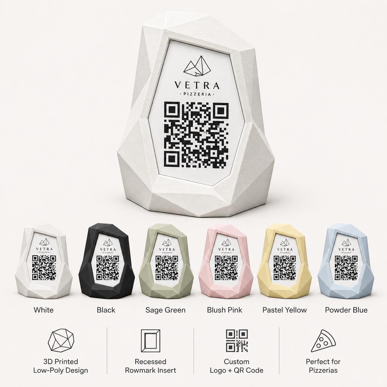 Portamenu QR Code Design Low-Poly | Supporto da Tavolo rosa Stampa 3D e Targhetta Incisa | Segnatavolo Personalizzato Hotel Pizzeria