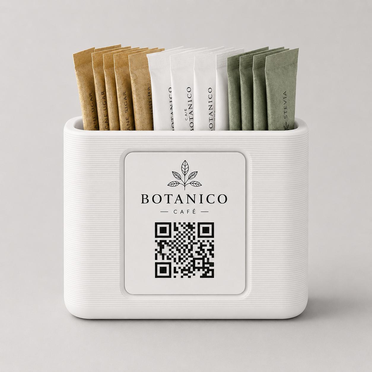 Organizzatore da Tavolo per Bustine di Zucchero rosa 3D "Botanico Café" con QR Code Portabustine da zucchero con qr code per caffetterie bar