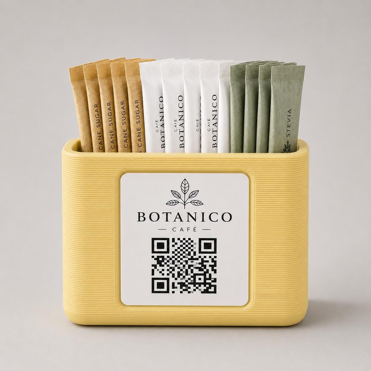 Organizzatore da Tavolo per Bustine di Zucchero blu 3D "Botanico Café" con QR Code Portabustine da zucchero con qr code per caffetterie bar