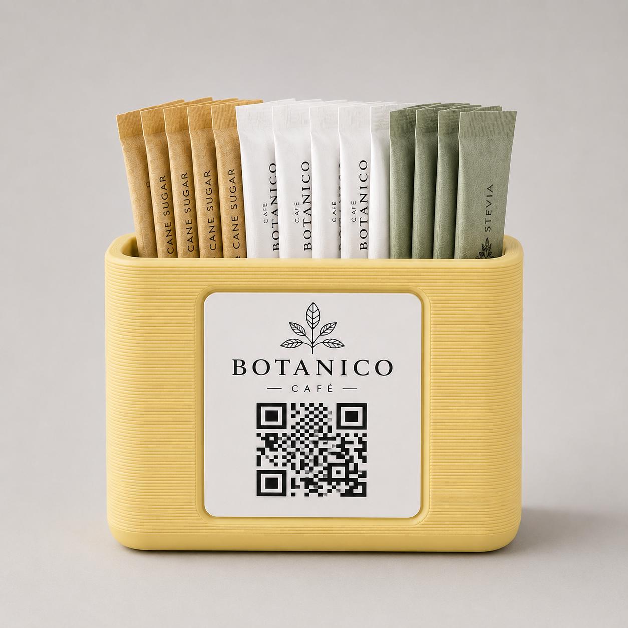 Organizzatore da Tavolo per Bustine di Zucchero rosa 3D "Botanico Café" con QR Code Portabustine da zucchero con qr code per caffetterie bar
