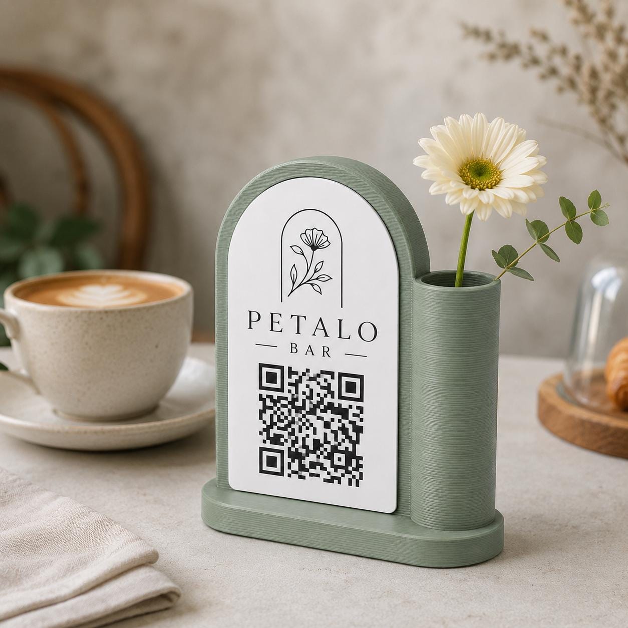Centrotavola vasetto portafiori con QR Code per caffetterie bianco per bar pasticceria bakery floreale qr code boho design