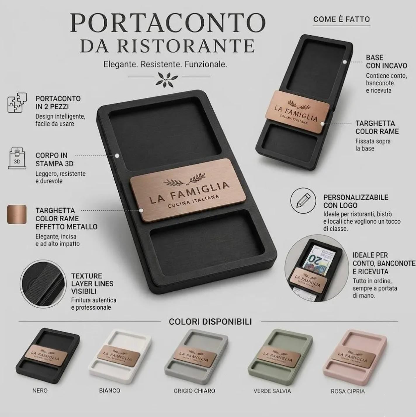 Portaconto Ristorante in Stampa 3D con Targhetta Effetto rame nero | Porta Conto Moderno per Ristoranti e Trattorie | Check Presenter