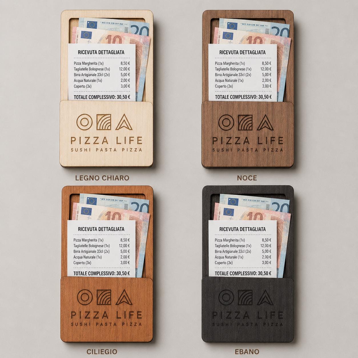 Portaconto in legno color chiaro con logo ristorante personalizzato, portaricevuta inciso laser per menu digitale ristorante bar hotel