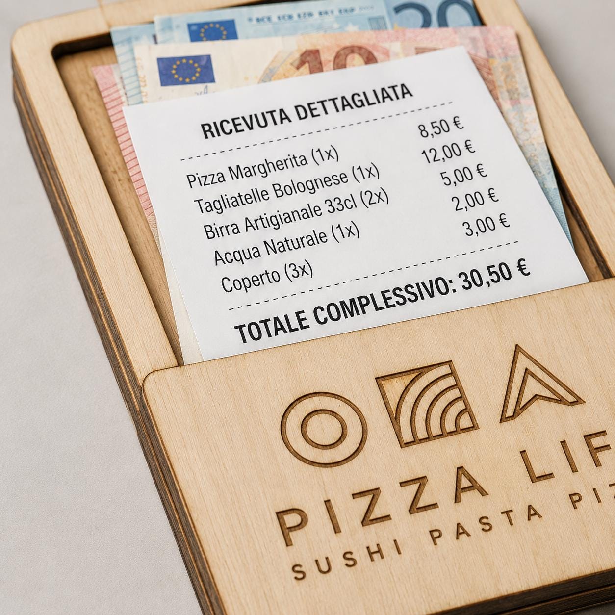 Portaricevuta in legno mogano con incisione logo ristorante personalizzato, segnatavolo inciso laser per menu digitale ristorante bar hotel