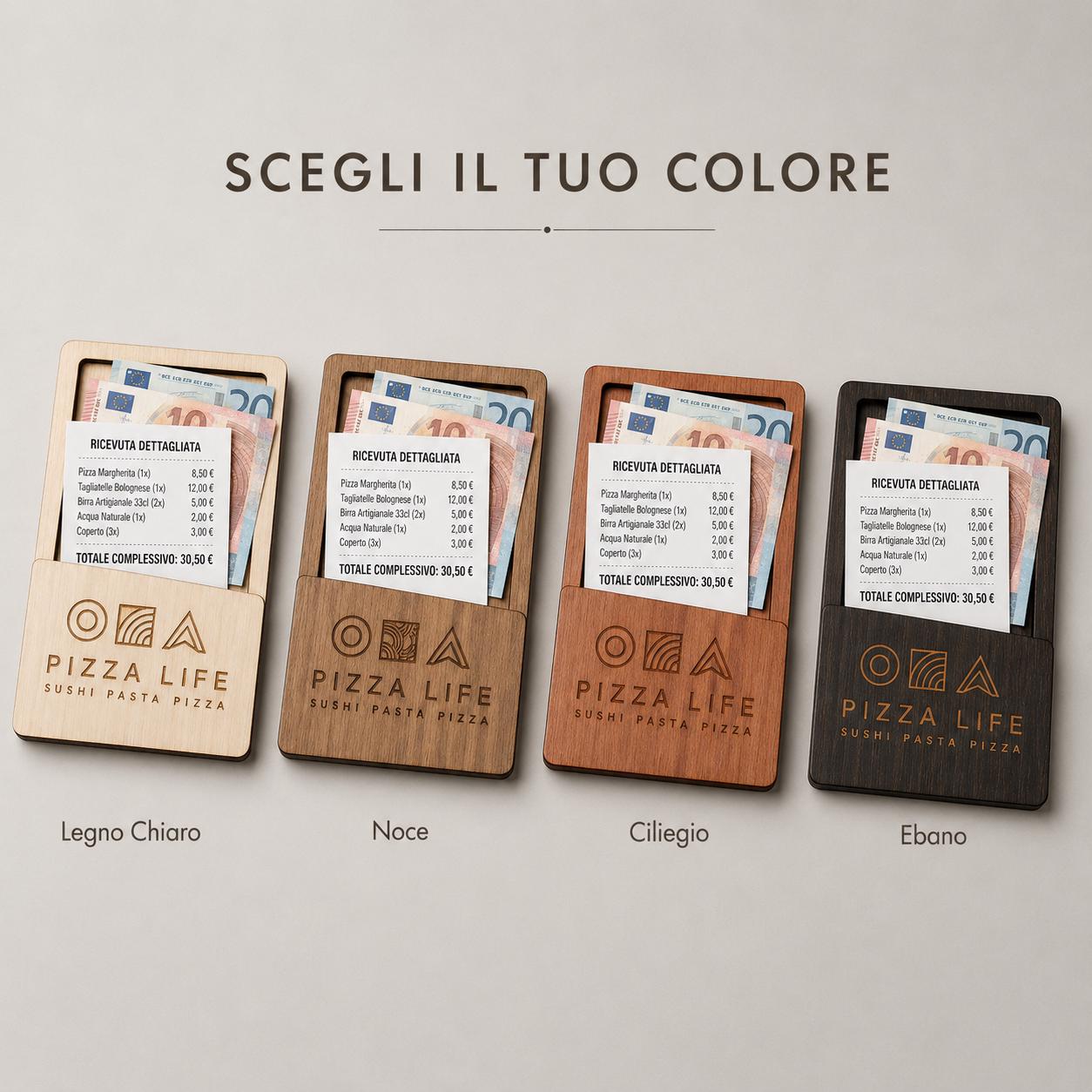 Portasoldi in legno noce con incisione logo ristorante personalizzato, segnatavolo inciso laser per menu digitale ristorante bar hotel
