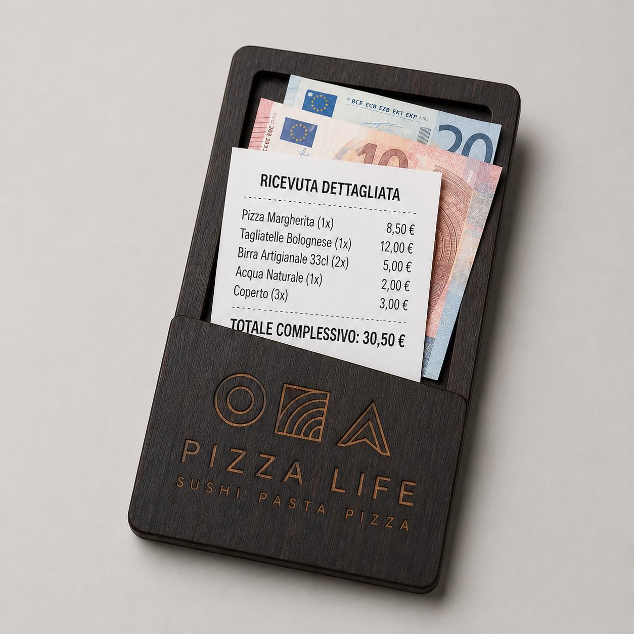 Portaricevuta in legno mogano con incisione logo ristorante personalizzato, segnatavolo inciso laser per menu digitale ristorante bar hotel