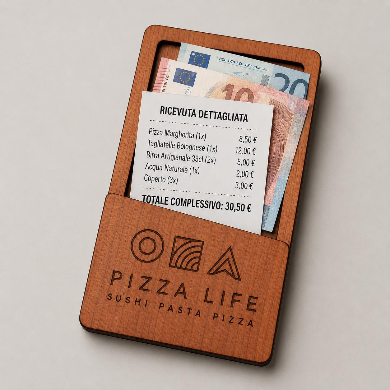 Portaricevuta in legno mogano con incisione logo ristorante personalizzato, segnatavolo inciso laser per menu digitale ristorante bar hotel