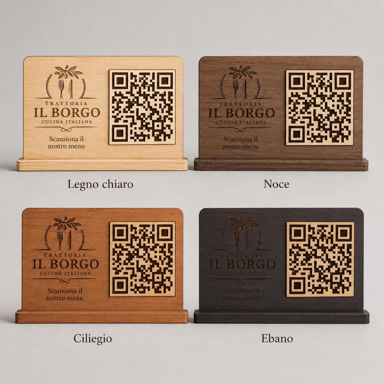 QR Code da tavolo in legno color legno chiaro personalizzato, segnatavolo inciso laser per menu digitale ristorante bar hotel