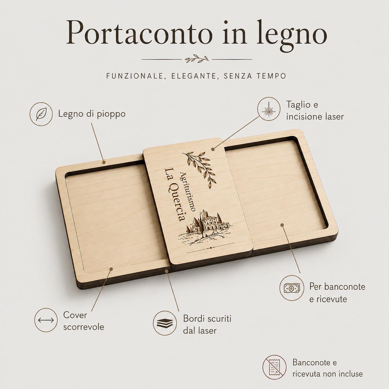 Portaricevuta in legno ebano con incisione logo ristorante personalizzato, segnatavolo inciso laser per menu digitale ristorante bar hotel