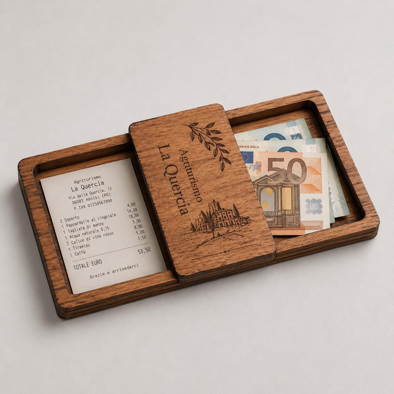 Portaricevuta in legno noce con incisione logo ristorante personalizzato, segnatavolo inciso laser per menu digitale ristorante bar hotel