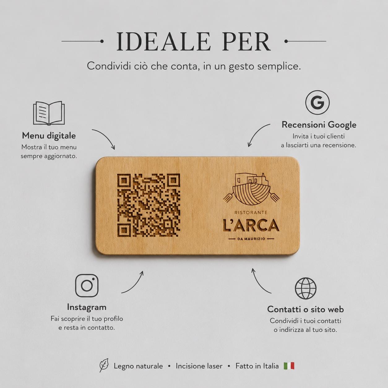 targhetta in legno noce con incisione logo ristorante personalizzato, segnatavolo inciso laser per menu digitale ristorante bar hotel