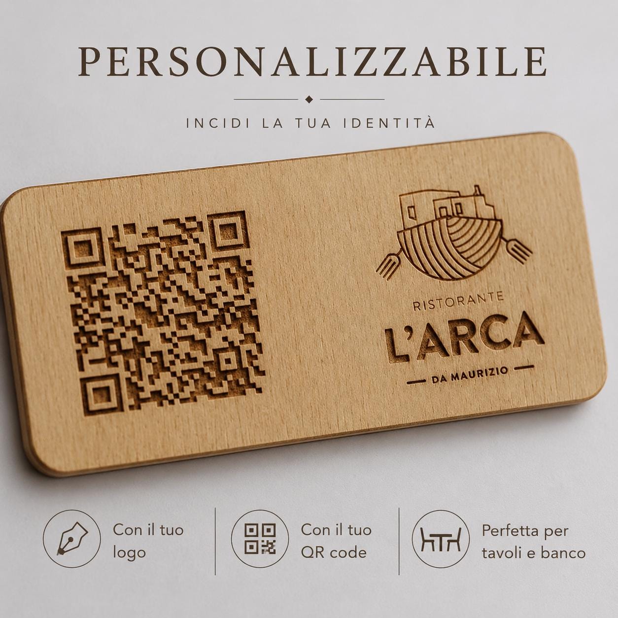 targhetta in legno noce con incisione logo ristorante personalizzato, segnatavolo inciso laser per menu digitale ristorante bar hotel