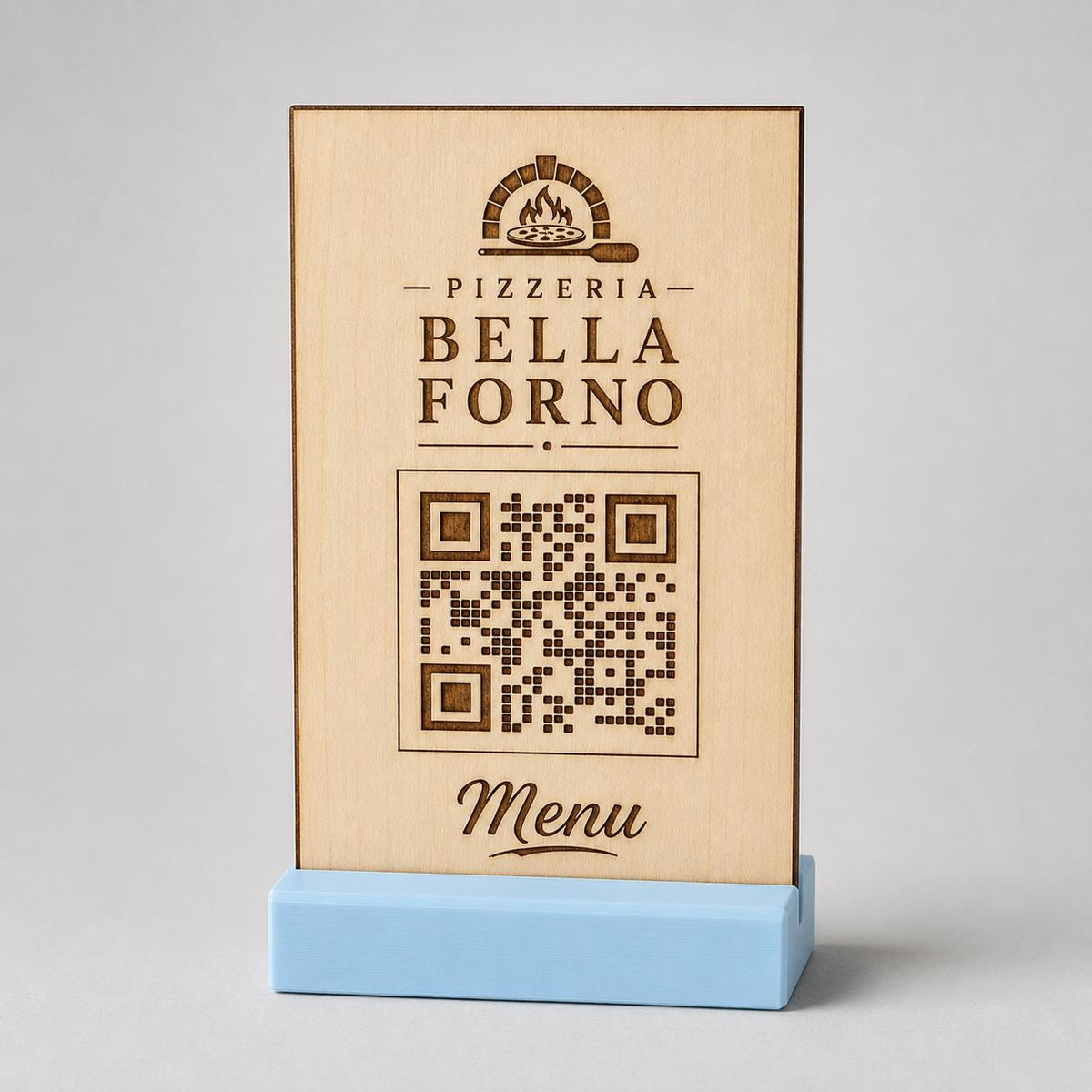 Totem qr code in legno e base in 3d in plastica con basetta per caffetterie bar pasticceria bakery floreale qr code design rustico moderno