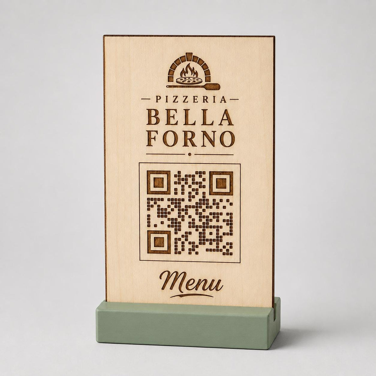 Totem qr code in legno e base in 3d in plastica per caffetterie bar pasticceria bakery floreale qr code design rustico moderno