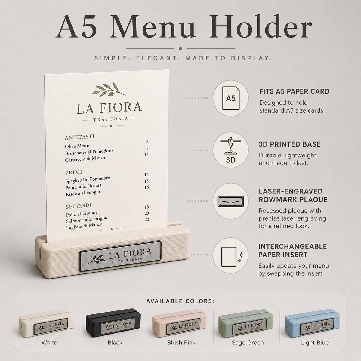 Base in plastica menu rosa fai da te Porta Menu e Segnatavolo Personalizzato in Stampa 3D per menu in cartoncino formato A5