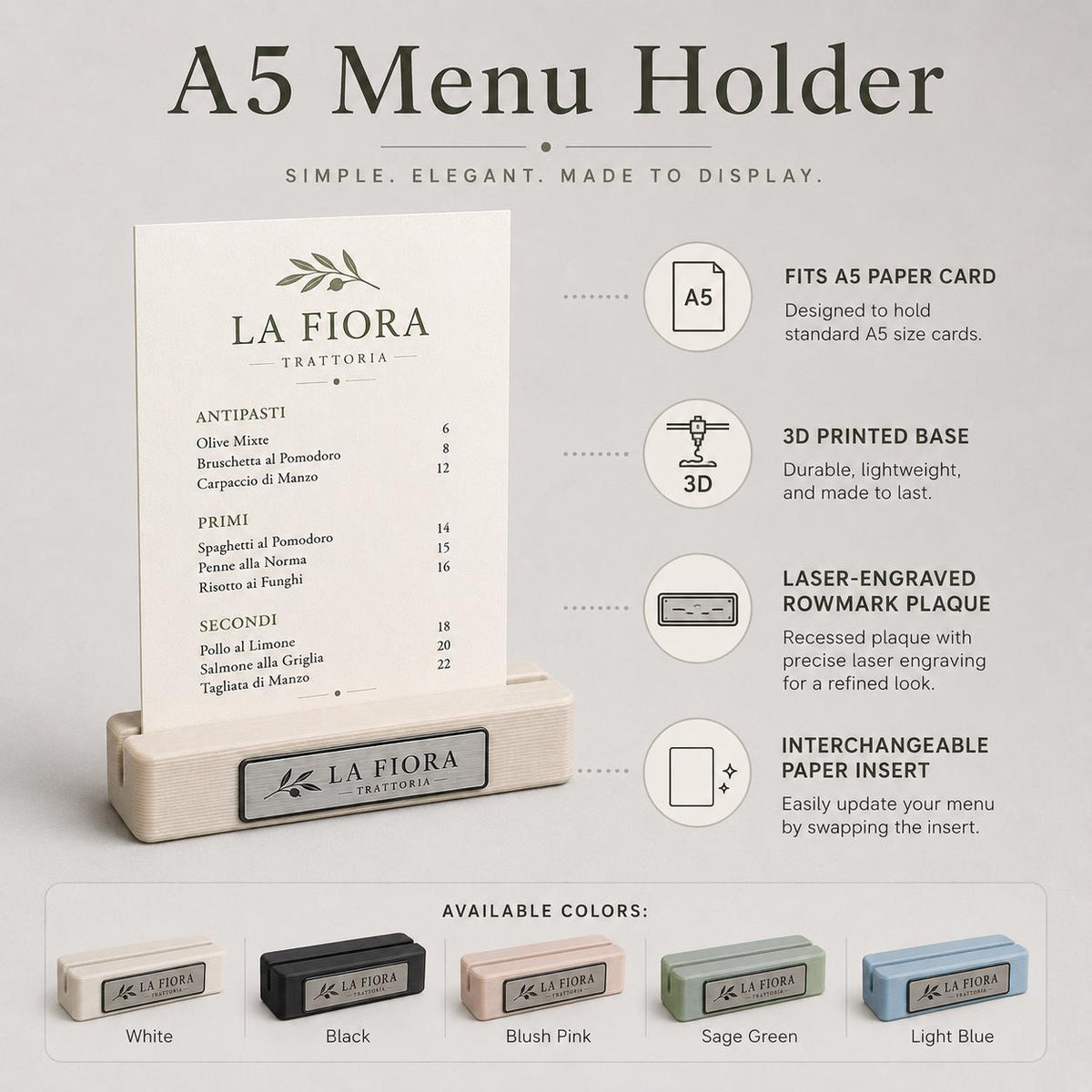 Base in plastica per menu fai da te Porta Menu e Segnatavolo Personalizzato in Stampa 3D per menu in cartoncino formato A5
