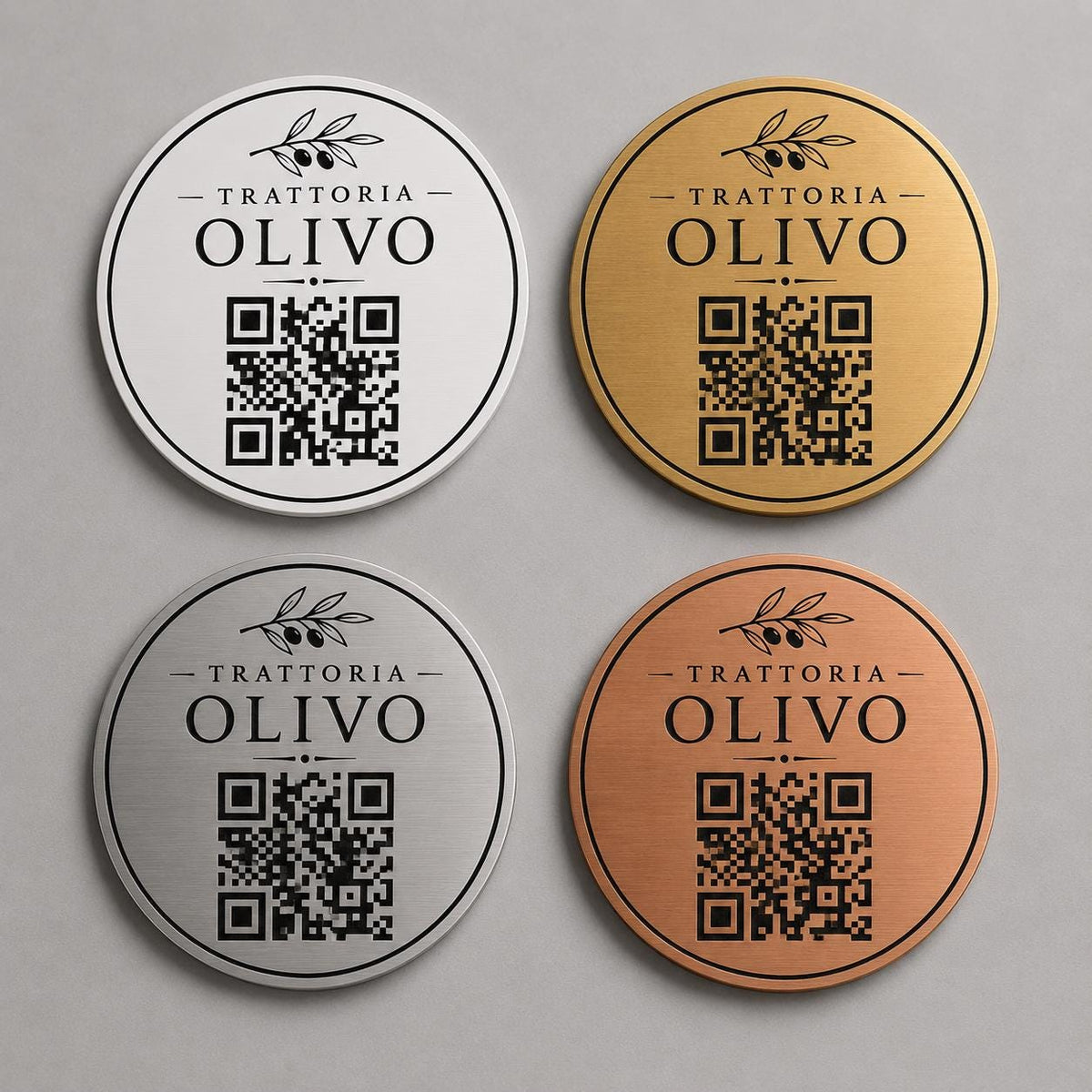 Targa rotonda personalizzata con codice QR per menu contactless - Ristoranti, hotel, bar - Collegamento a Instagram, Facebook, pensioni