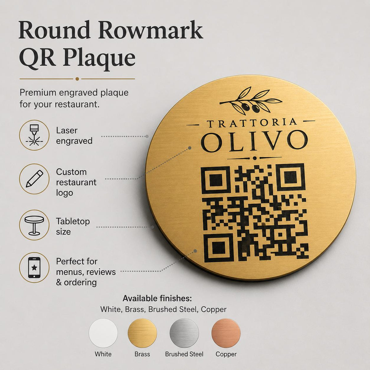 Targa rotonda personalizzata con codice QR per menu contactless - Ristoranti, hotel, bar - Collegamento a Instagram, Facebook, pensioni