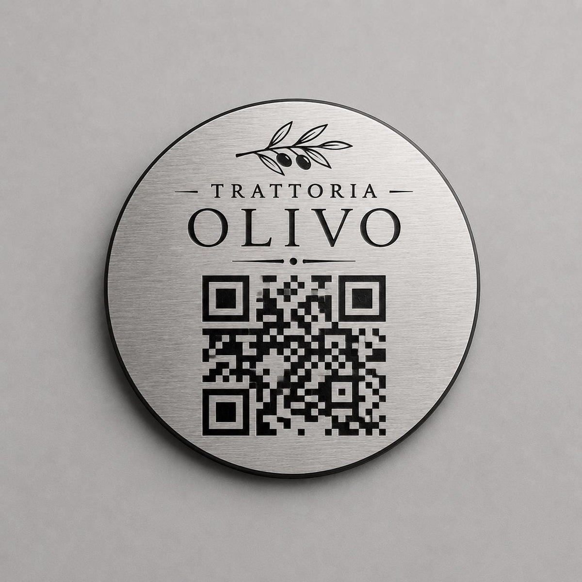 Targa rotonda personalizzata con codice QR per menu contactless - Ristoranti, hotel, bar - Collegamento a Instagram, Facebook, acciaio abs
