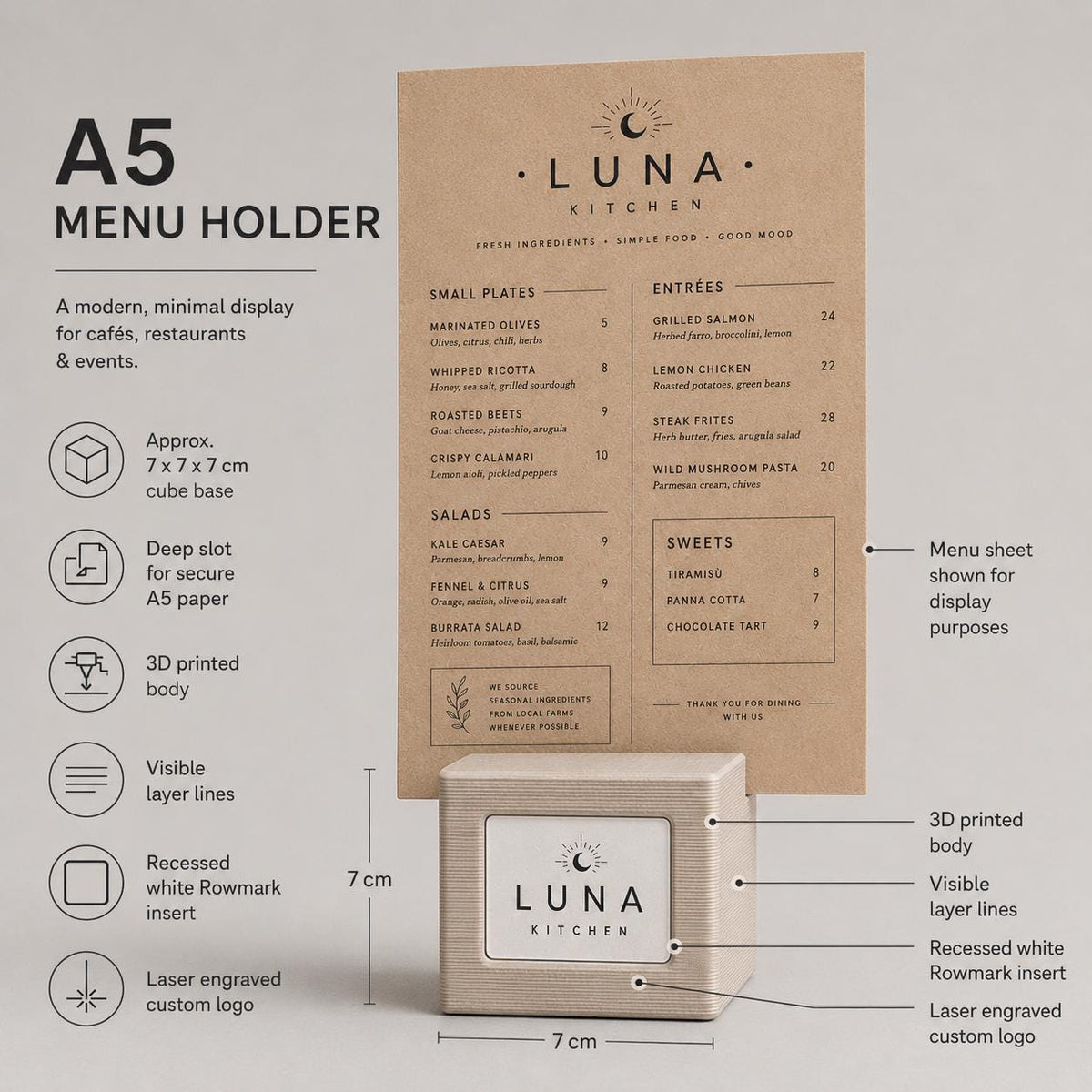 Basetta quadrata 7x7x7cm in plastica menu fai da te Porta Menu e Segnatavolo Personalizzato in Stampa 3D per menu in cartoncino formato A5