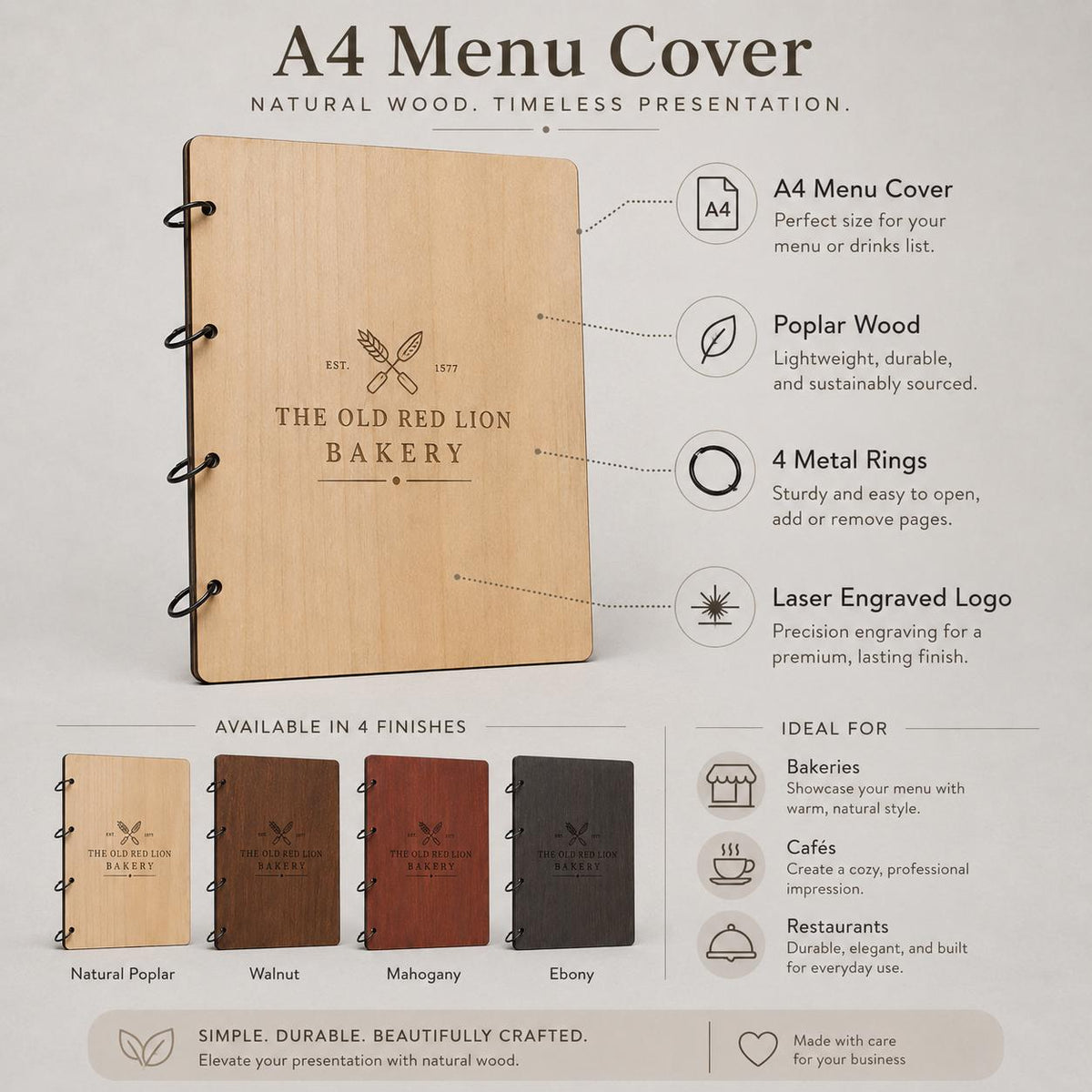 Portamenu A4 ciliegio Legno Personalizzato | Menu Ristorante con Anelli | Copertina Menu in Pioppo Incisa Laser per Bar, Café e Ristoranti