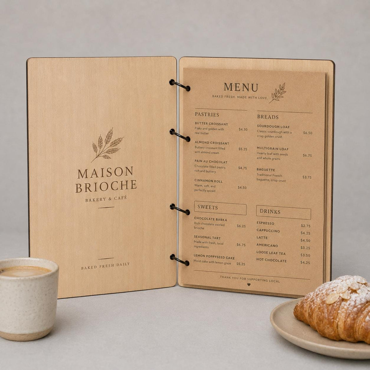 Portamenu A4 ciliegio Legno Personalizzato | Menu Ristorante con Anelli | Copertina Menu in Pioppo Incisa Laser per Bar, Café e Ristoranti