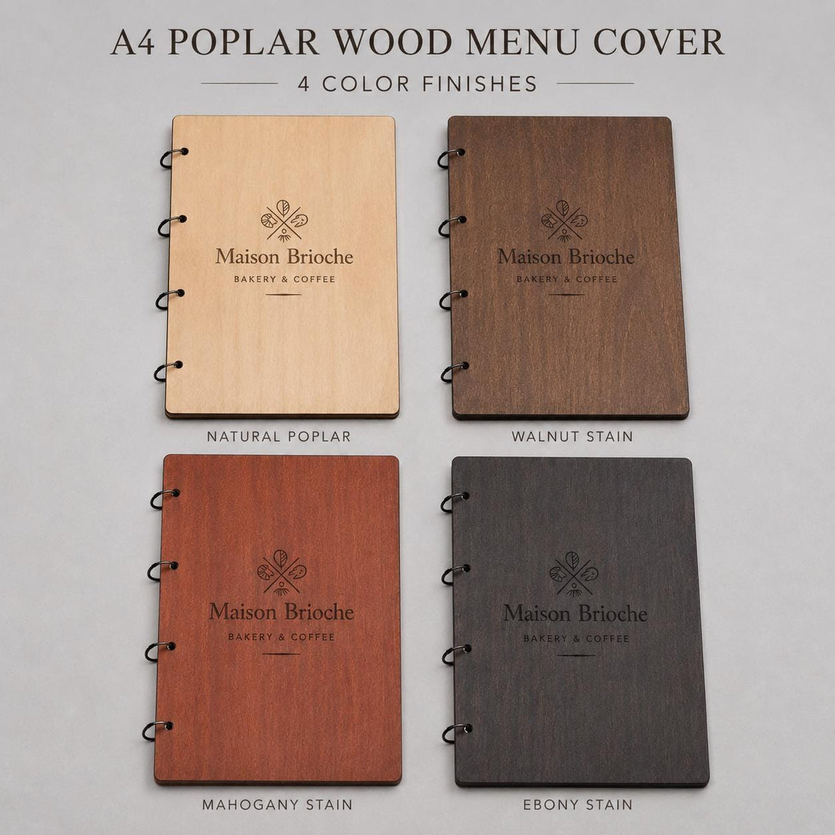 Portamenu A4 ciliegio Legno Personalizzato | Menu Ristorante con Anelli | Copertina Menu in Pioppo Incisa Laser per Bar, Café e Ristoranti