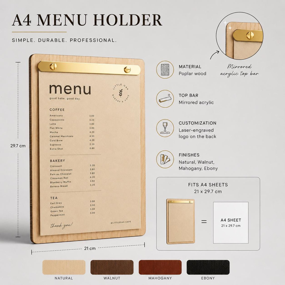 Portamenu tavoletta in legno con oro spazzolato laminato Personalizzato | Menu Ristorante con Anelli | Copertina Menu in Pioppo Incisa Laser