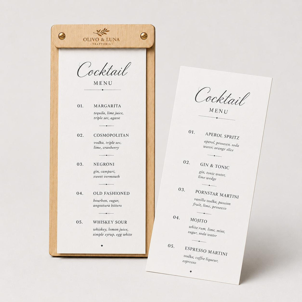 Portamenu tavoletta cocktails mogano in legno bacchetta stretta Personalizzato | Menu Ristorante personalizzato| Copertina