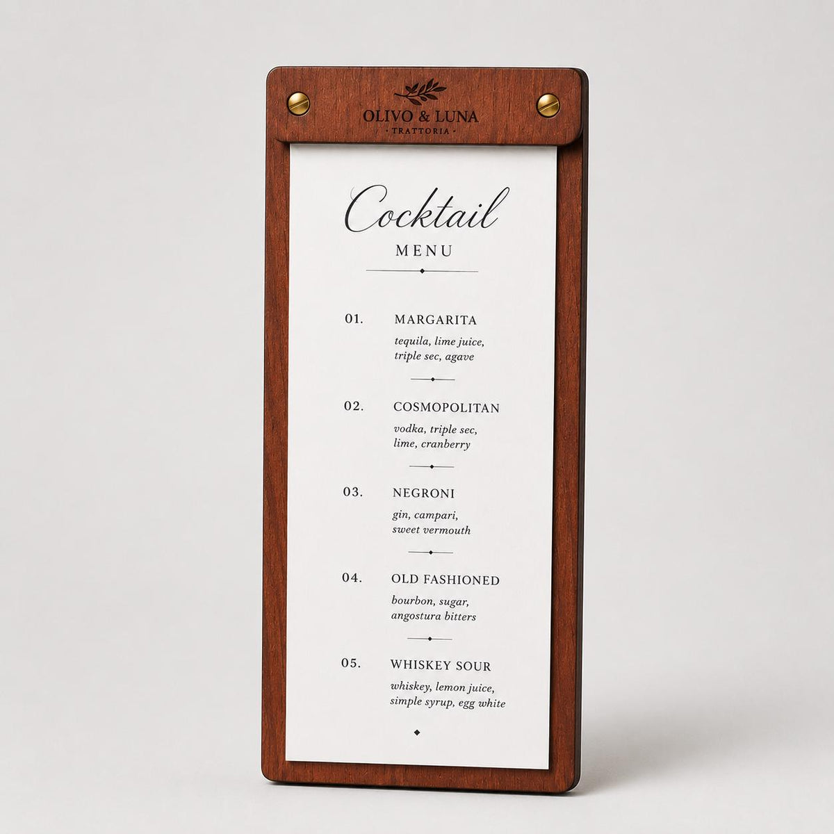Portamenu tavoletta cocktails ebano in legno bacchetta stretta formato A4 Personalizzato | Menu Ristorante personalizzato| Copertina