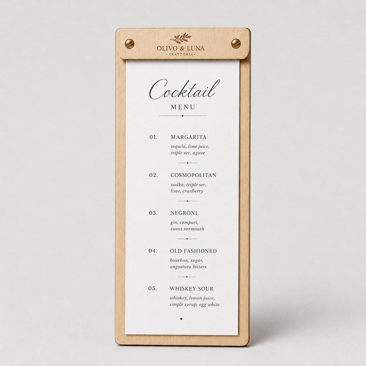 Portamenu tavoletta cocktails ebano in legno bacchetta stretta formato A4 Personalizzato | Menu Ristorante personalizzato| Copertina