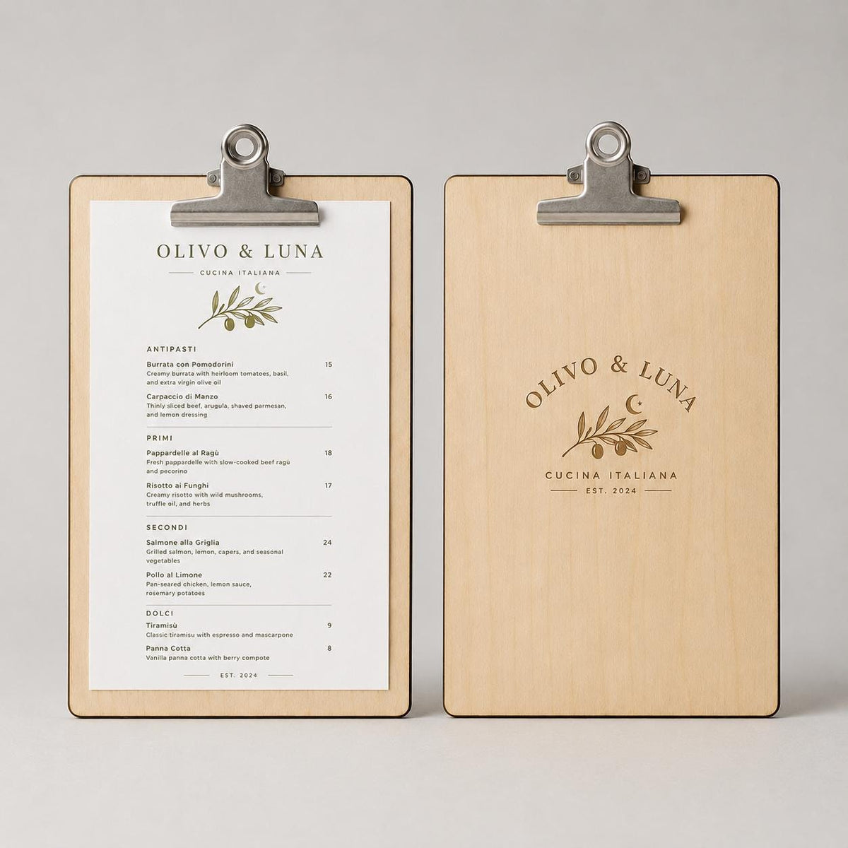 Portamenu molletta bulldog in legno pioppo ebano formato A4 Personalizzato | Menu Ristorante personalizzato| Copertina