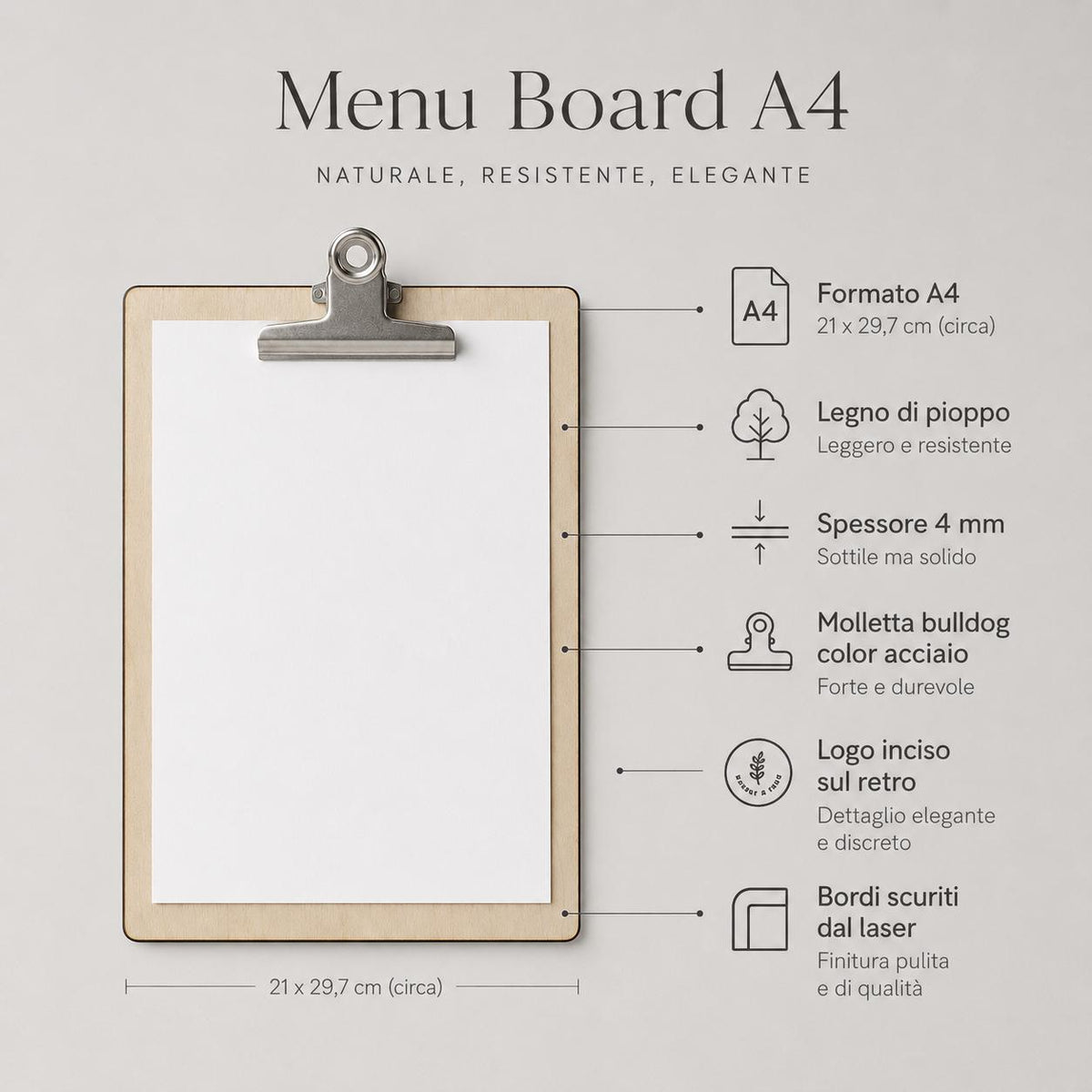 Portamenu molletta bulldog in legno pioppo ebano formato A4 Personalizzato | Menu Ristorante personalizzato| Copertina