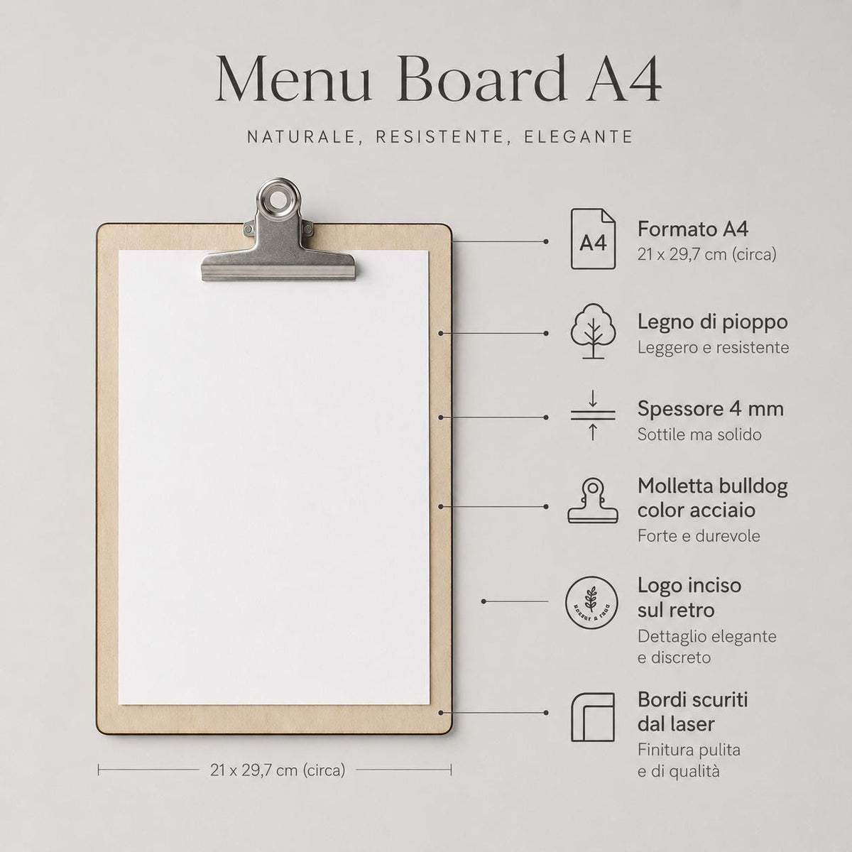 Portamenu molletta bulldog in legno pioppo bacchetta stretta formato A4 Personalizzato | Menu Ristorante personalizzato| Copertina