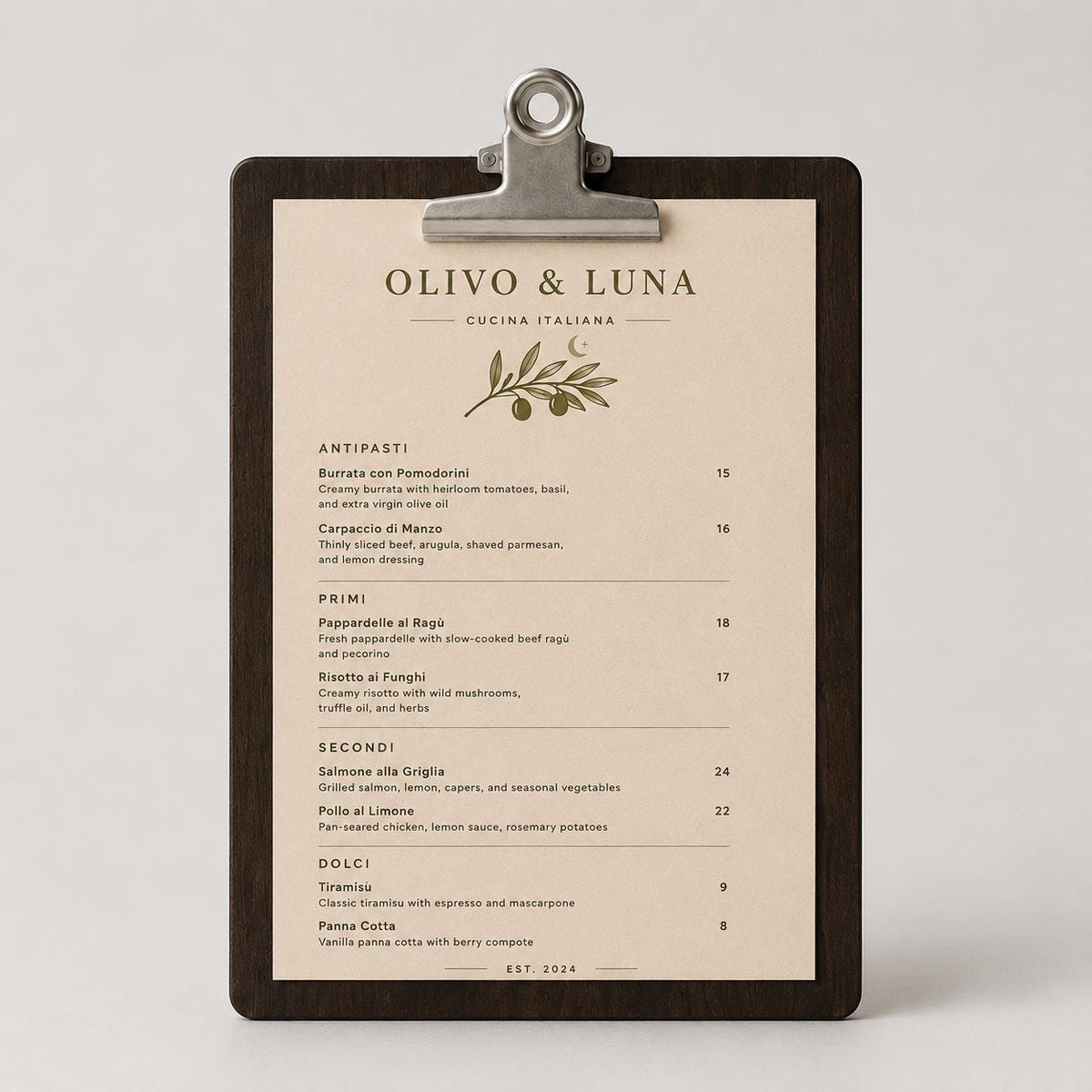Portamenu molletta bulldog in legno pioppo ebano formato A4 Personalizzato | Menu Ristorante personalizzato| Copertina
