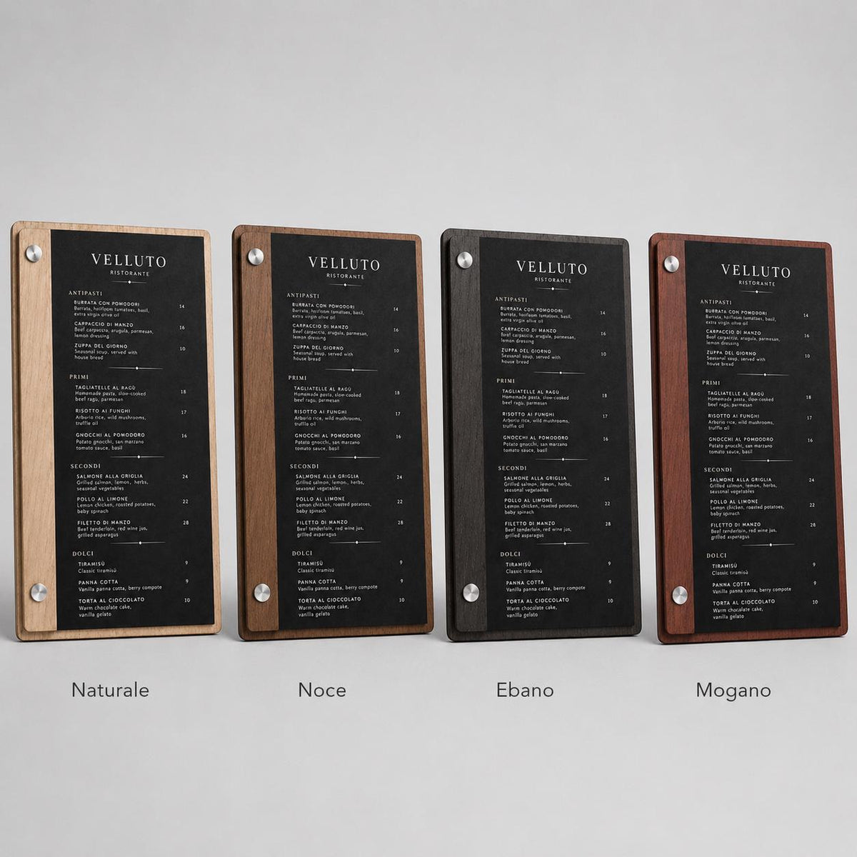Portamenu orizzontale in legno di pioppo colore ebano con incisione logo ristorante personalizzato, menu inciso laser a bacchetto formato a4
