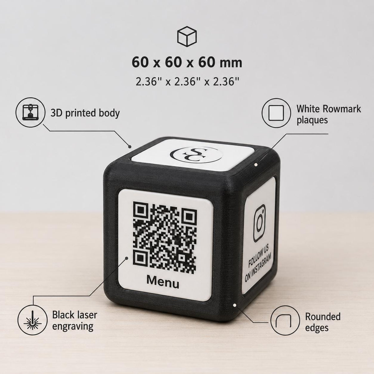 Cubetto nero Espositore QR Code Personalizzato | Menu Digitale, Social Media, Wi-Fi | Stampa 3D e Incisione Laser | Per Ristoranti, Bar