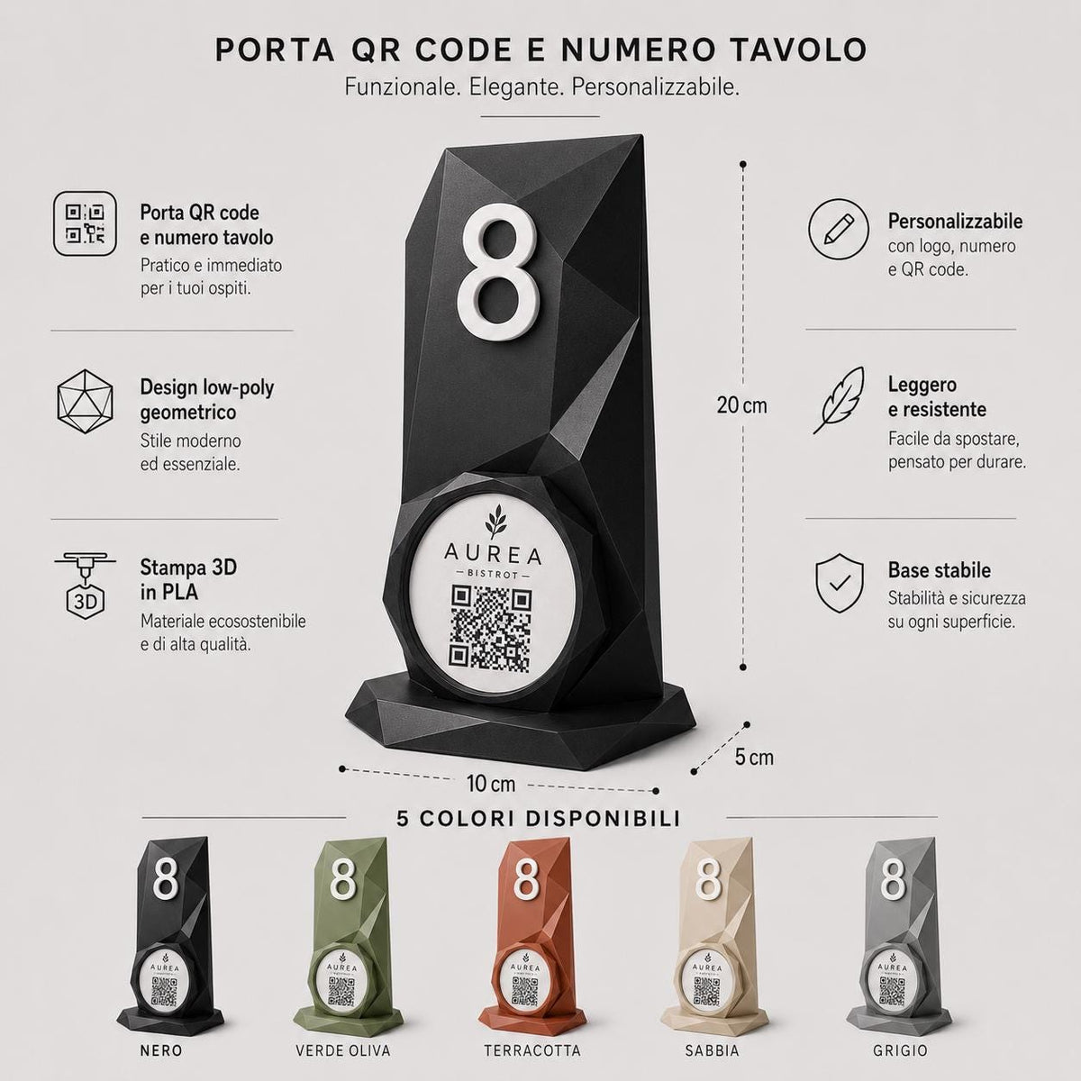 Porta QR Code da Tavolo Personalizzato | Numero Tavolo 3D Low Poly | Supporto Menu Digitale per Ristorante, Bar, Hotel e Cocktail Bar