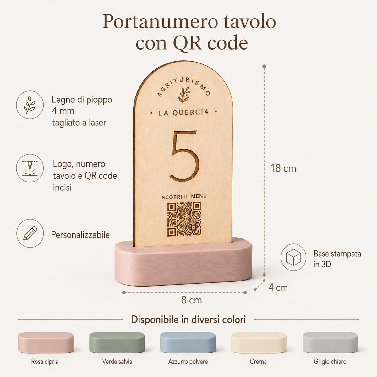 Portanumero incisoo al laser in legno Tavolo Azzurro con QR Code Personalizzato | Stand in Legno di Pioppo e Base 3D | Segnatavolo