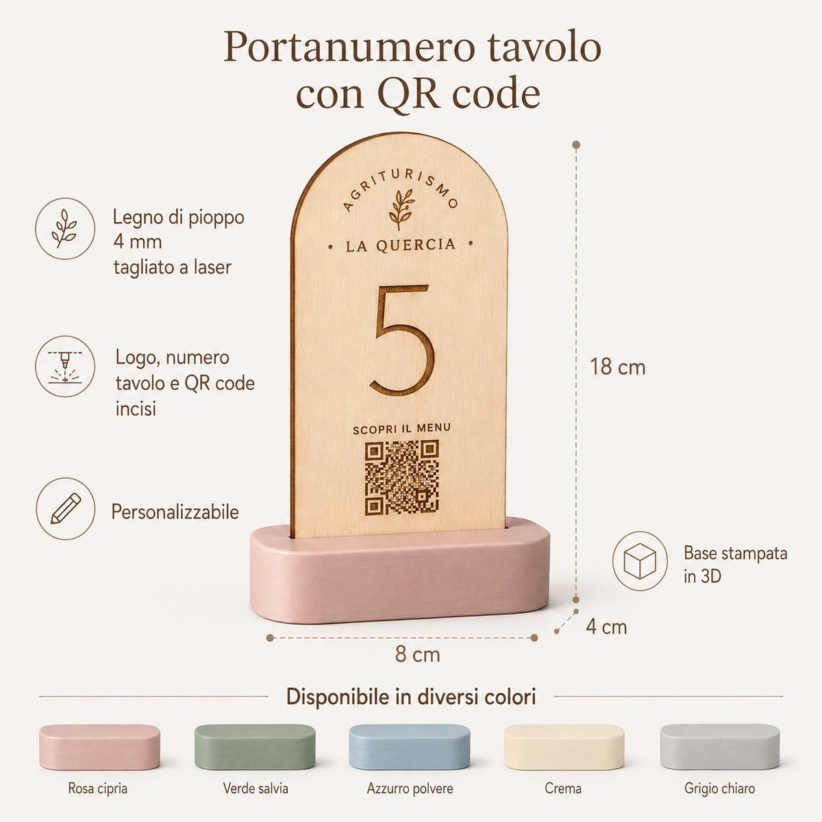 Portanumero Tavolo Azzurro con QR Code Personalizzato | Stand in Legno di Pioppo e Base 3D | Segnatavolo per Agriturismo, Ristorante, Bar