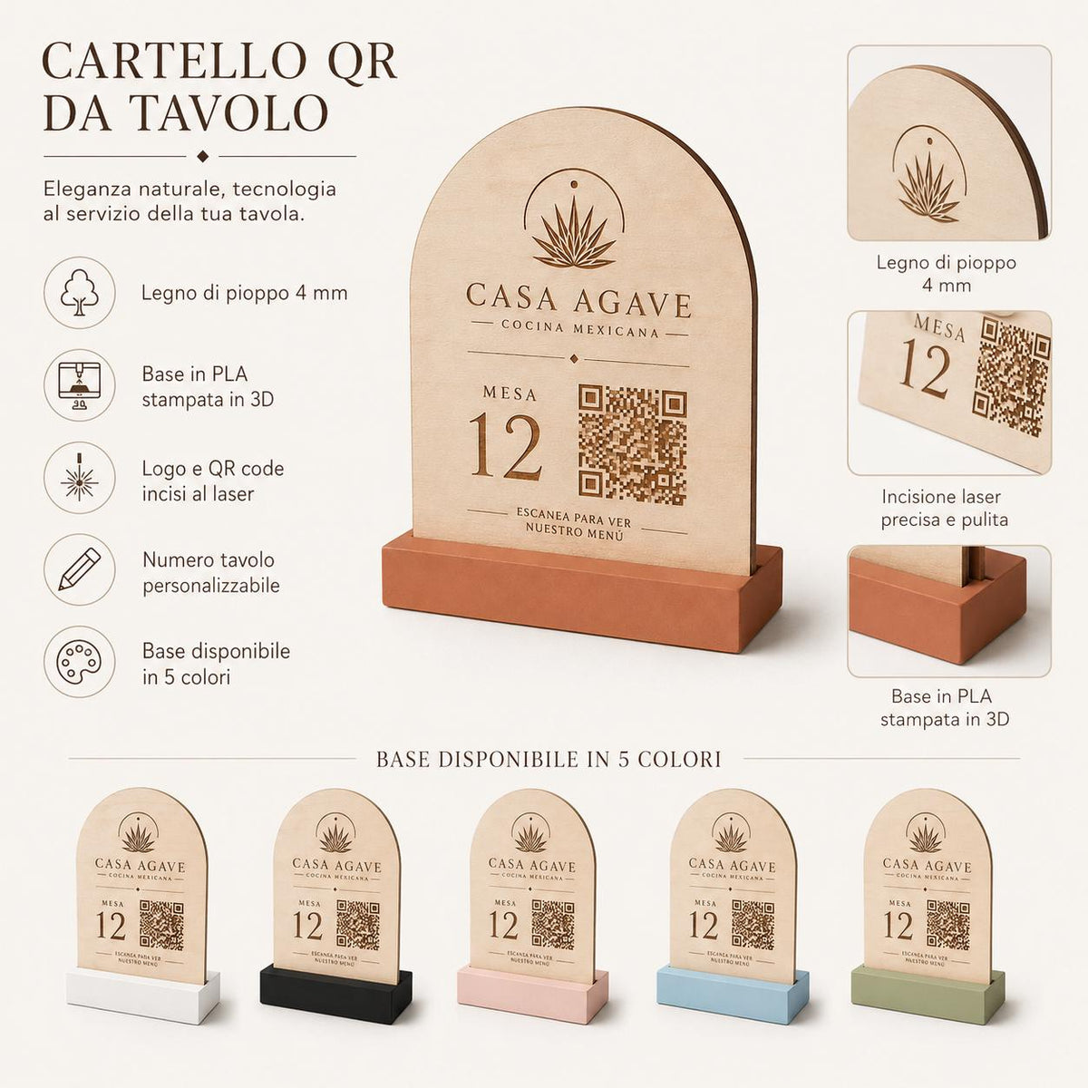 Numeri per i tavoli ad Arco in Legno con Base Colorata, Porta QR Code Ristorante Personalizzato, Numeri Tavolo Moderni Boho Chic con logo