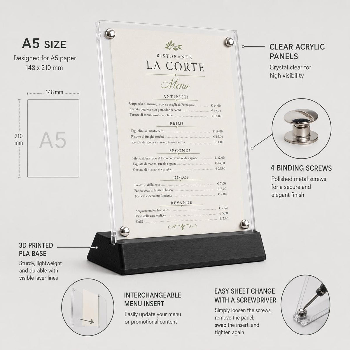 Portamenu in plexiglas intercambiabile. menu holder da Tavolo A5 Elegance – Con Base in Stampa 3D e Pannelli in Acrilico con viti sepolte