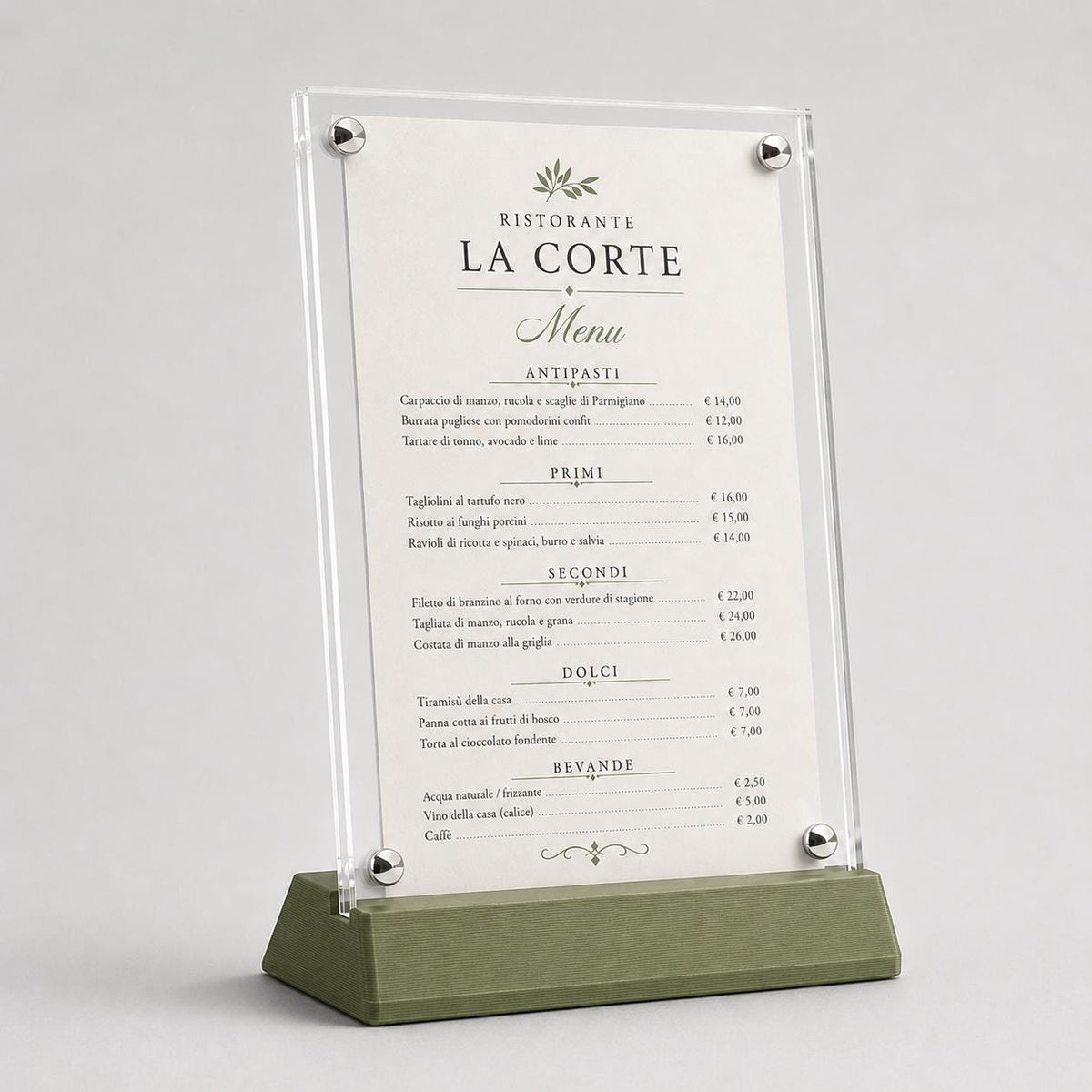 Portamenu in plexiglas intercambiabile. menu holder da Tavolo A5 Elegance – Con Base in Stampa 3D e Pannelli in Acrilico con viti sepolte