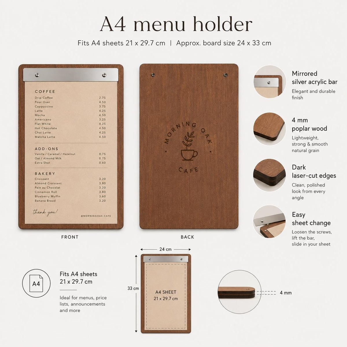 Portamenu tavoletta pioppo color noce in legno bacchetta plexiglas specchiato formato A4 Personalizzato | Menu Ristorante|Copertina incisa