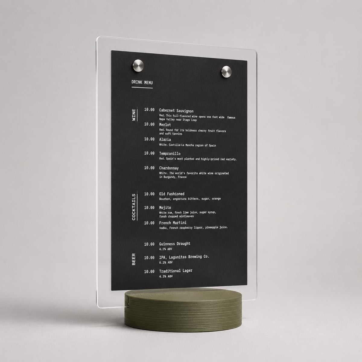 Porta Menu da Tavolo A5 – Base Stampata in 3D e Plexiglas Dai un tocco di design contemporaneo e originalità ai tavoli del tuo locale